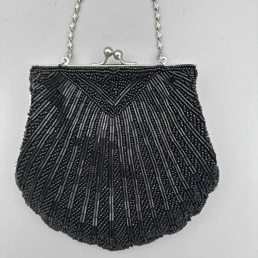 Apt. 9 Black Beaded Evening Clutch Purse Shell Design Kiss Lock Vintage Style 6